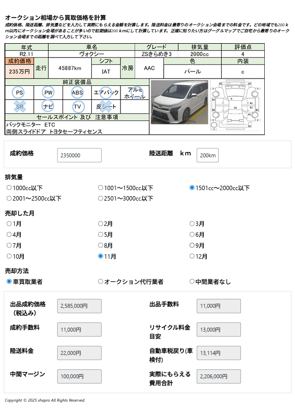 オークション相場から買取相場計算表
